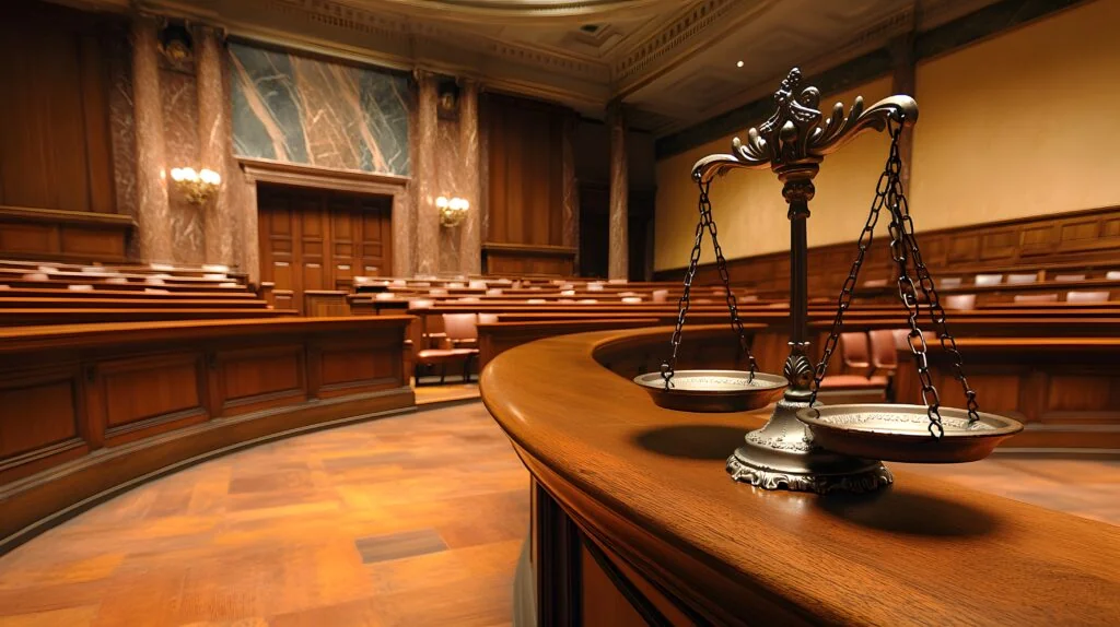 Courtroom interior with the scales of justice