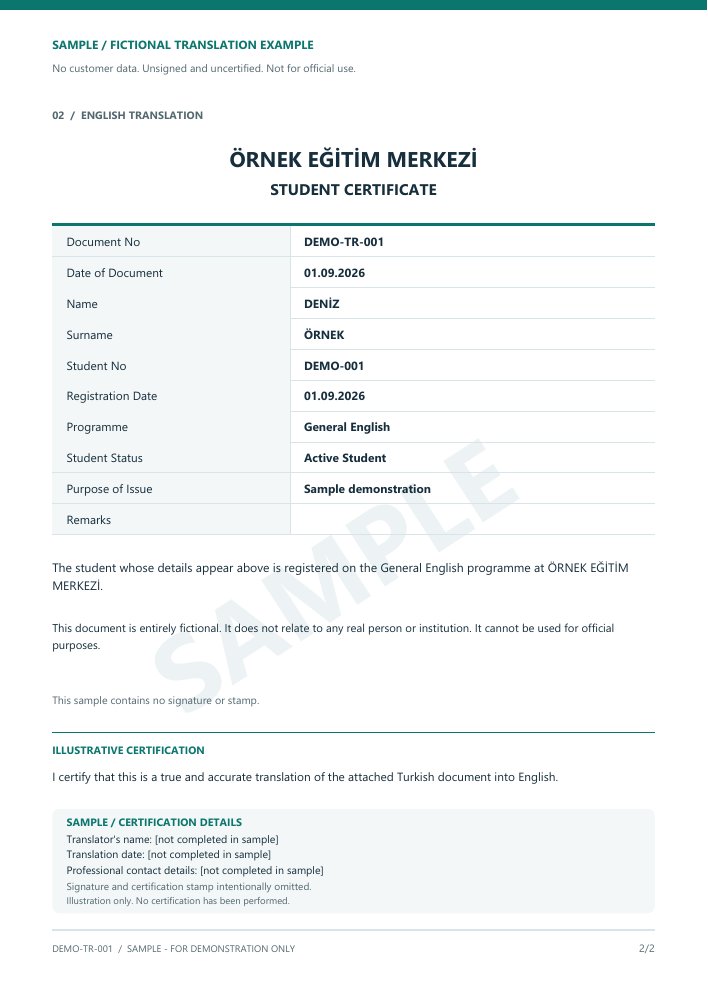 English translation marked SAMPLE with illustrative certification area
