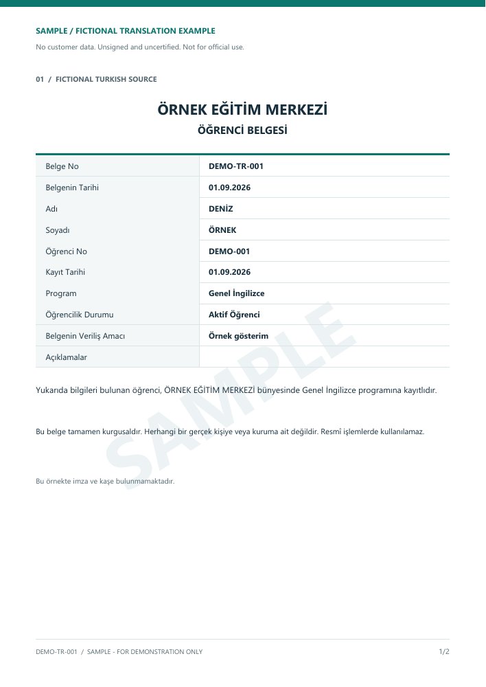 Fictional Turkish student certificate marked SAMPLE