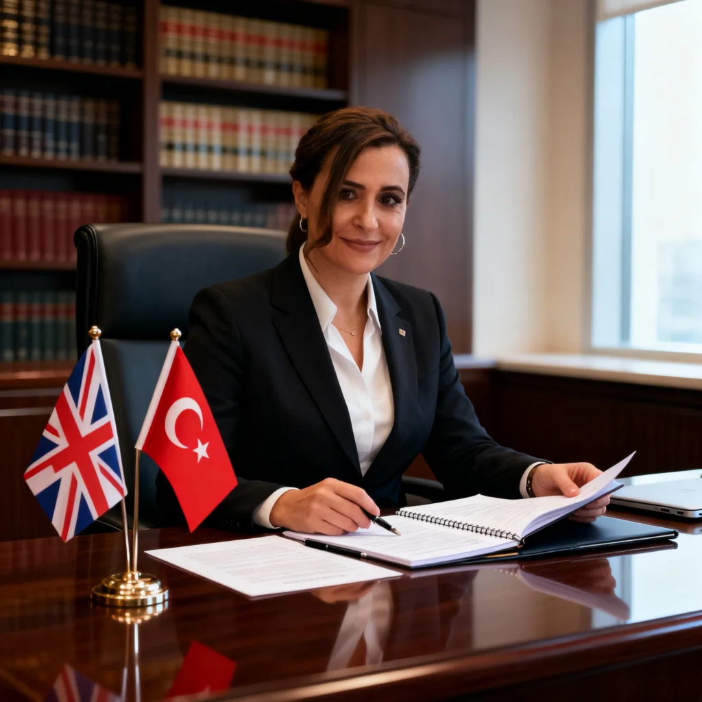 Yesim Torun, Turkish–English interpreter, at her desk with UK and Turkish flags